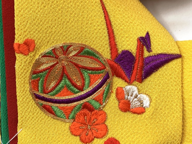 七五三 結び帯 正絹 ちりめん生地 刺繍柄作り帯 三歳用(小寸)「黄色x