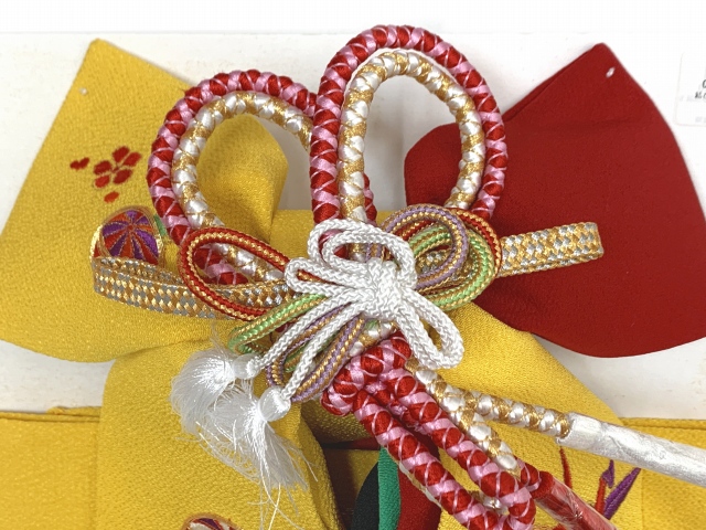 七五三 結び帯 正絹 ちりめん生地 刺繍柄作り帯 三歳用(小寸)「黄色x