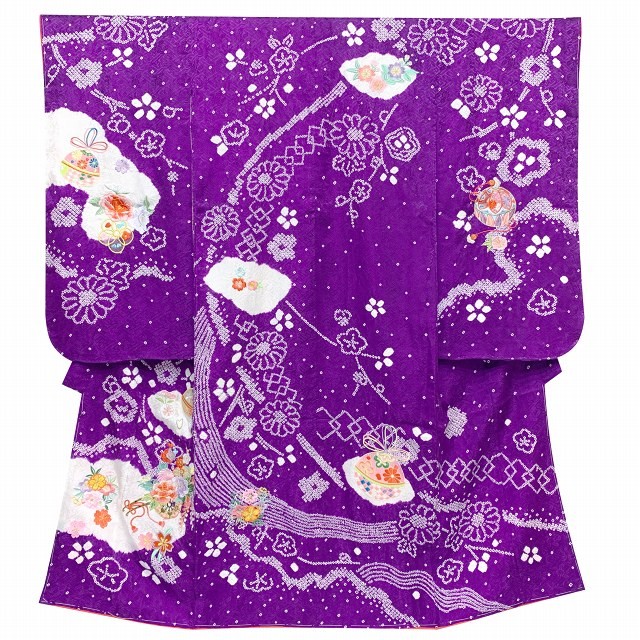 公式】 京都室町st. 七五三 着物 本絞り 刺繍入りの着物(正絹)「紫、花車」SKE-03-M 7歳 女の子用 子ども服 