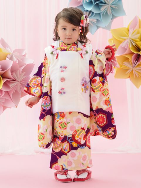 京都室町st. 七五三 3歳女の子の着物セット 式部浪漫ブランド 被布コートセット（合繊）「白x紫、雲」SR3p-1823