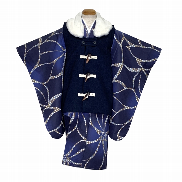 京都室町st. 七五三 着物 セット 3歳 男の子用 モダン柄の着物とダッフル被布の2点セット 合繊...