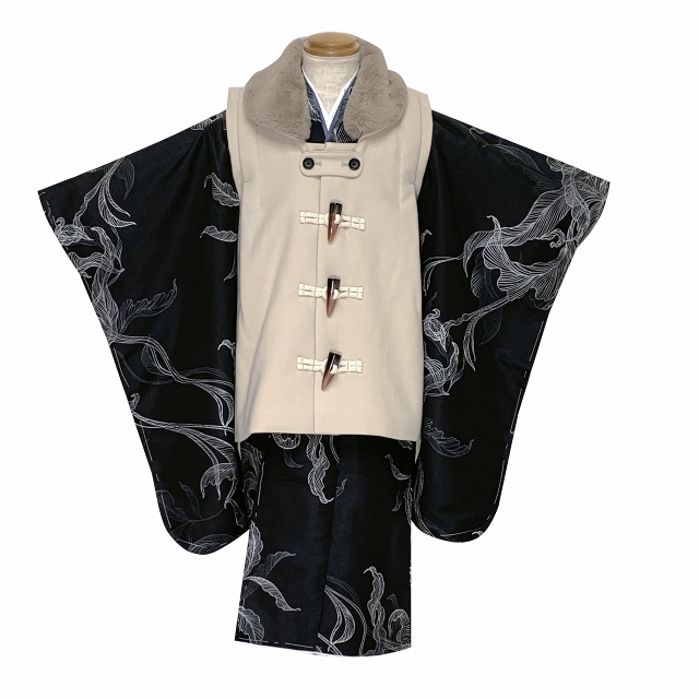 京都室町st. 七五三 着物 セット 3歳 男の子用 モダン柄の着物とダッフル被布の2点セット 合繊...