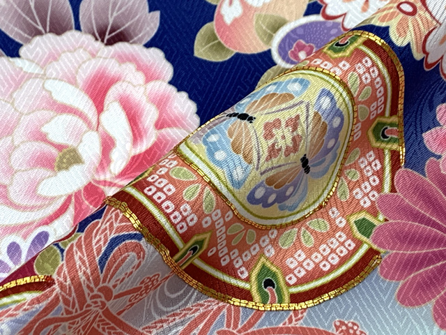 七五三 着物 7歳 絵羽柄の四つ身の子供着物(合繊) 単品「群青色x水色