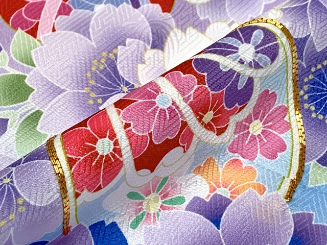 オレンジ 金駒刺繍 源氏車 花 七五三 7歳 13点フルセット 髪飾り付き