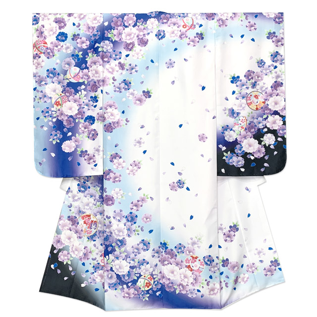 七五三　お揃い着物 白と紫の花柄 七五三お揃い着物 白と紫の花柄