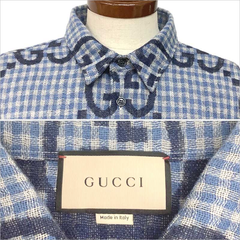 GUCCI グッチ ジャンボGGチェック ウール シャツ ブルー #52