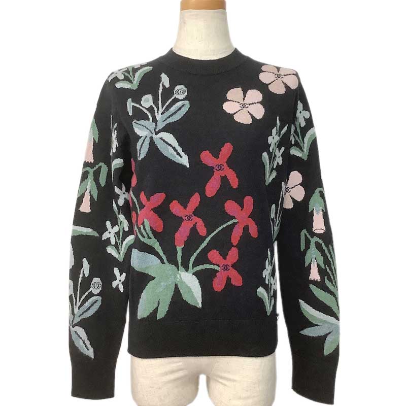 CHANEL シャネル セーター カシミヤ ブラック マルチカラー #42 花柄