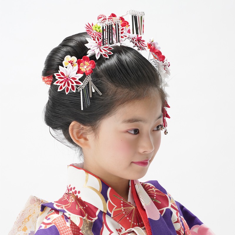 七五三 髪飾り 7歳 七歳 日本髪 3点セット 「菊」 つまみ 女の子 和風 ヘアーアクセサリー 本格的 京都 こども 日本製