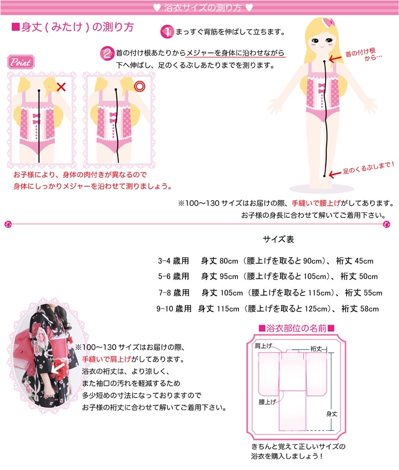 子供の浴衣のサイズの測り方