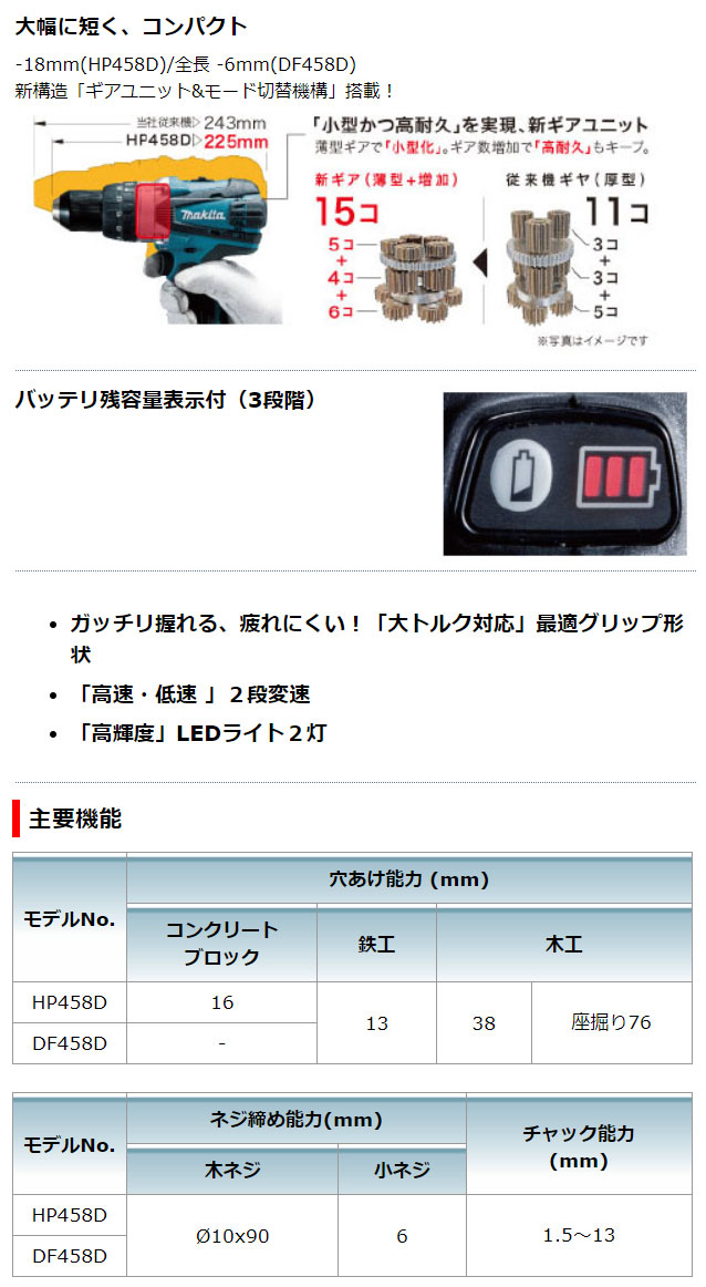 マキタ 18V 充電式振動ドライバドリル HP458DZ 本体のみ(バッテリ 