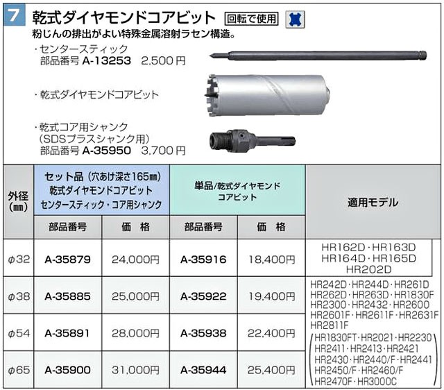 マキタ 乾式ダイヤモンドコアビット SDSプラス Φ65×165mm 単品 A-35944