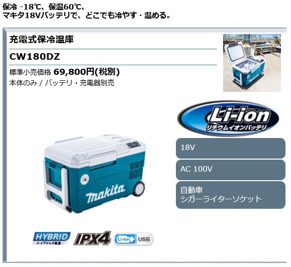 マキタ 18V 充電式保冷温庫 CW180DZ AC100V／自動車シガーライター