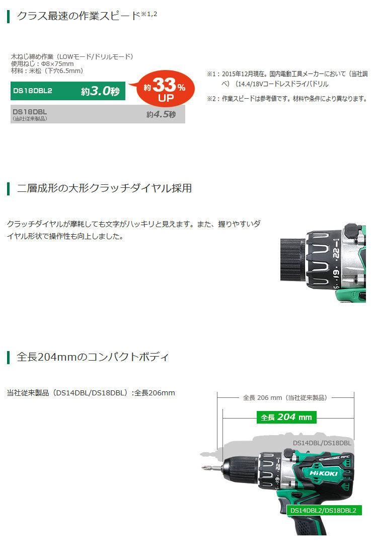 HiKOKI 14.4V コードレスドライバドリル DS14DBL2(NN) 本体のみ