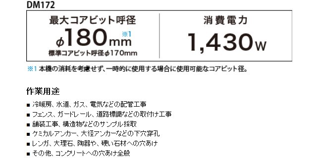 マキタ ダイヤコアドリル DM172 (ダイヤモンドコアビット別売) : dm172