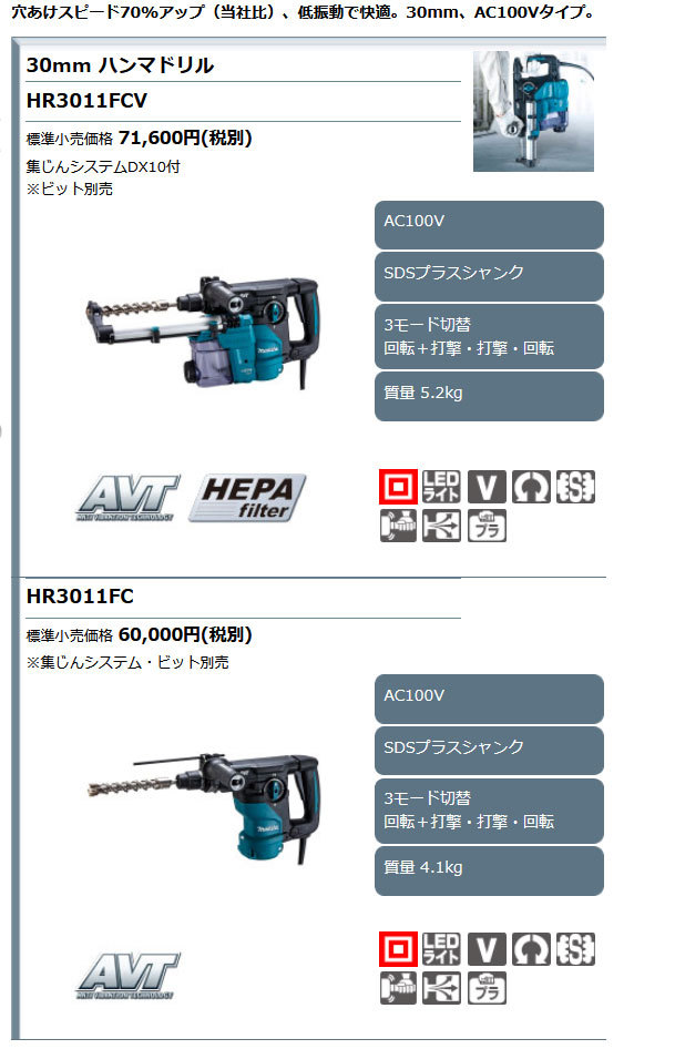 マキタ ハンマドリル HR3011FC 30mm SDSプラスシャンク ビット別売