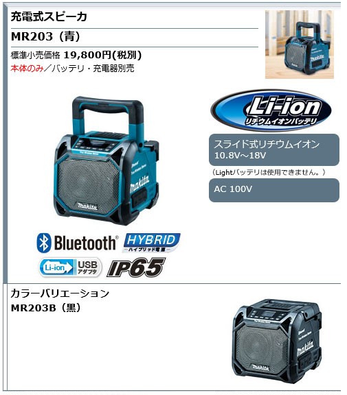 マキタ 充電式スピーカー MR203 Bluetooth/AUX外部入力対応 本体のみ