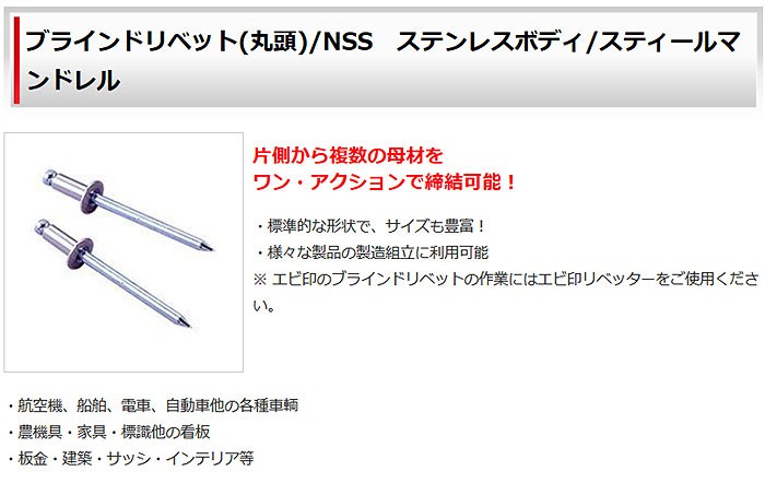 通販超歓迎 エビ 高強度ブラインドリベット Sボルト(丸頭) Φ4.8/板厚