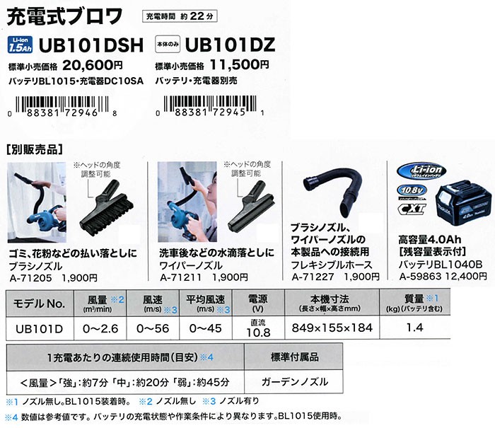 マキタ 10.8V 充電式ブロワ UB101DZ 本体のみ(バッテリ・充電器別売