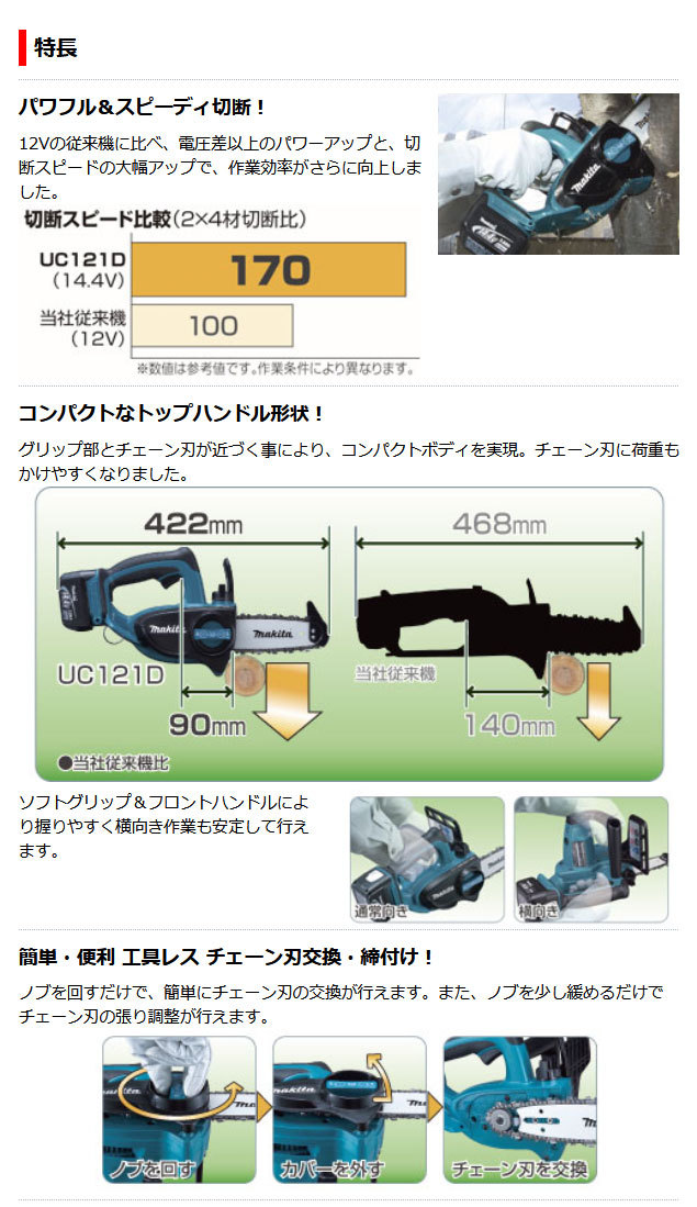 マキタ 充電式チェンソー UC121DRF 115mm 14.4V 3.0Ahバッテリ・充電器