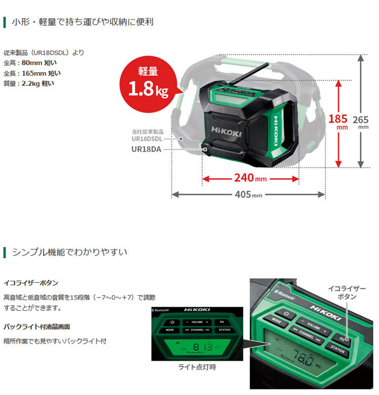 HiKOKI コードレスラジオ UR18DA Bluetooth機能搭載 本体のみ(バッテリ 