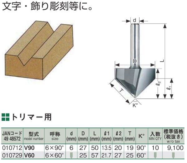 大日商 木工ビット Ｖ溝ビット Ｖ６０ トリマー用 ６×６０° : 10729