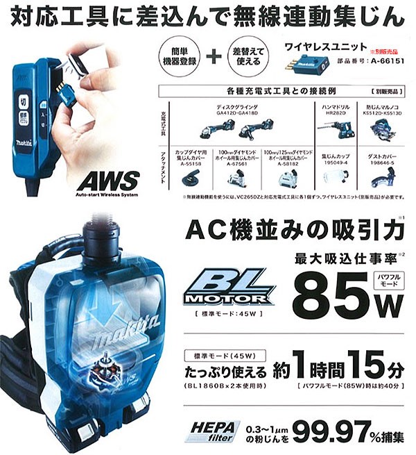 マキタ 36V 充電式背負い集じん機 VC265DZ 無線連動対応 2L 本体のみ(バッテリ・充電器別売) : vc265dz : YTCグローバル  - 通販 - Yahoo!ショッピング