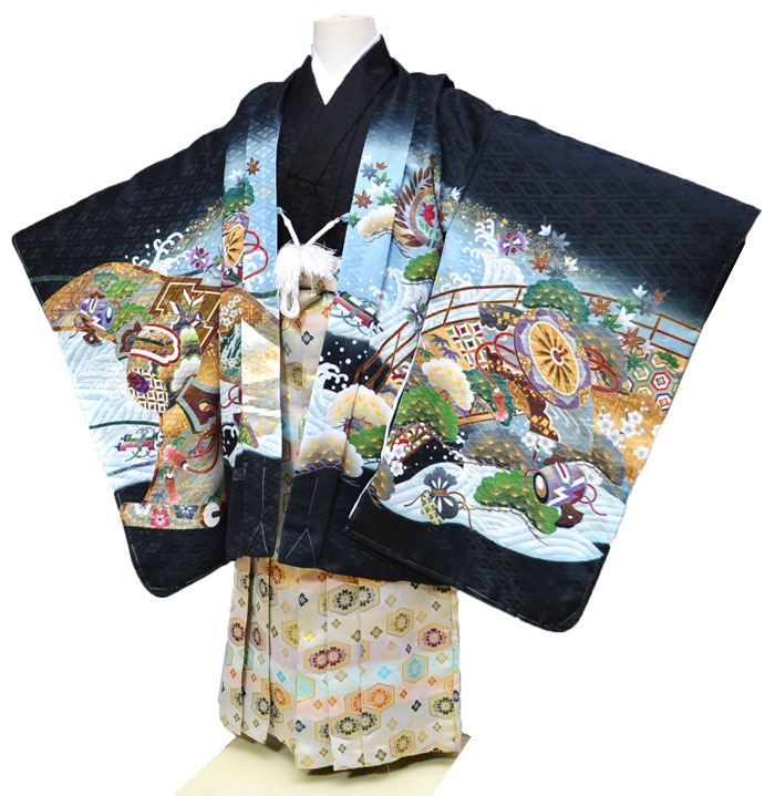 七五三 着物 男の子 袴 セット お祝い着 5歳羽織袴 フルセット 鷹柄 黒