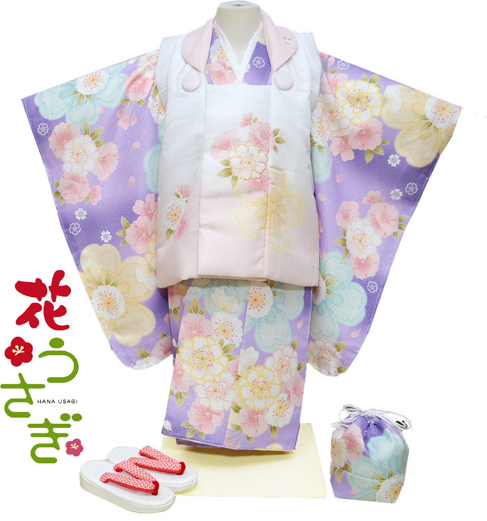 七五三　3歳　花うさぎ　着物 花うさぎ|着物レンタル|被布セット|85〜95cm|七五三 着物 2歳 3