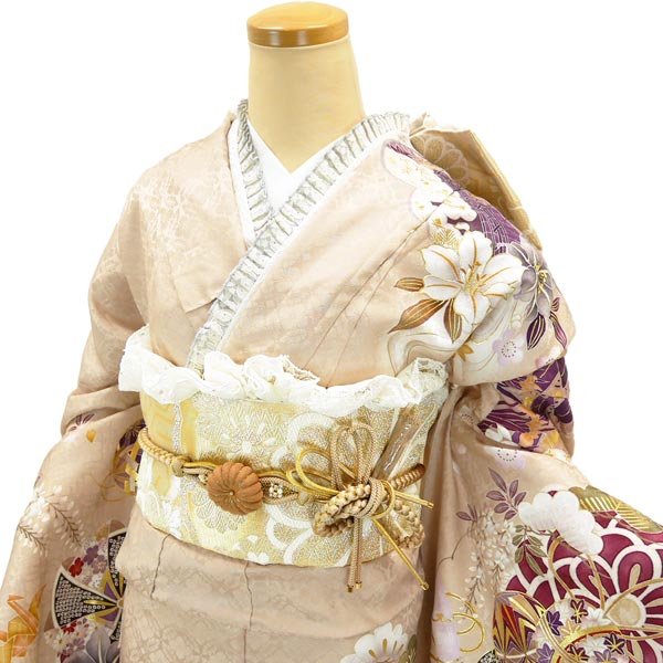 仕立て付き 正絹 振袖 単品 f-613-t ベージュ 牡丹 菊 絹100% 成人式