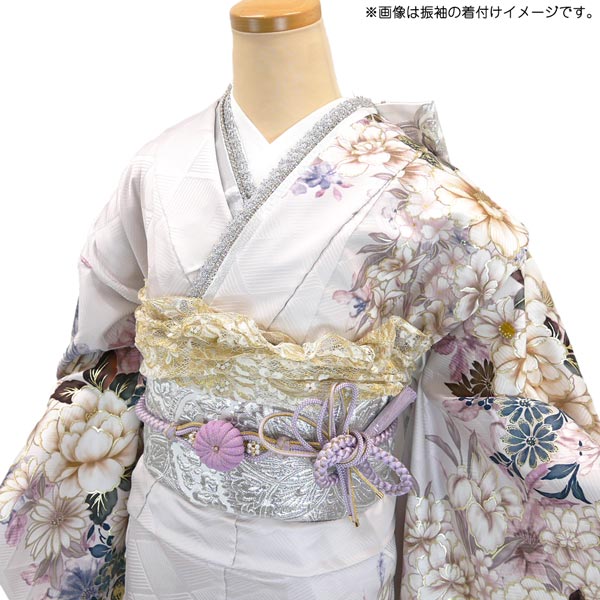 振袖　金彩　牡丹　蝶　藤　菊花　身丈162　裄65　正絹　着物　032tz 仕立て付き 正絹 振袖 f-010-t 薄藤色 牡丹 菊 刺繍入 新品購入 単品