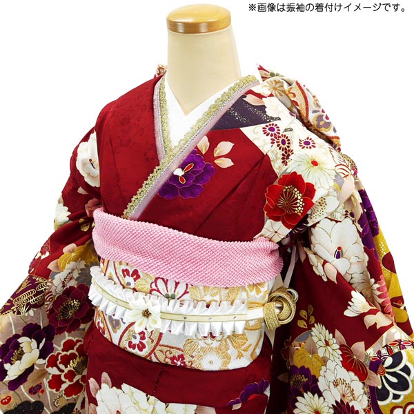 仕立て付き 正絹 振袖 フルセット32点 f-008 ワインレッド 牡丹 菊