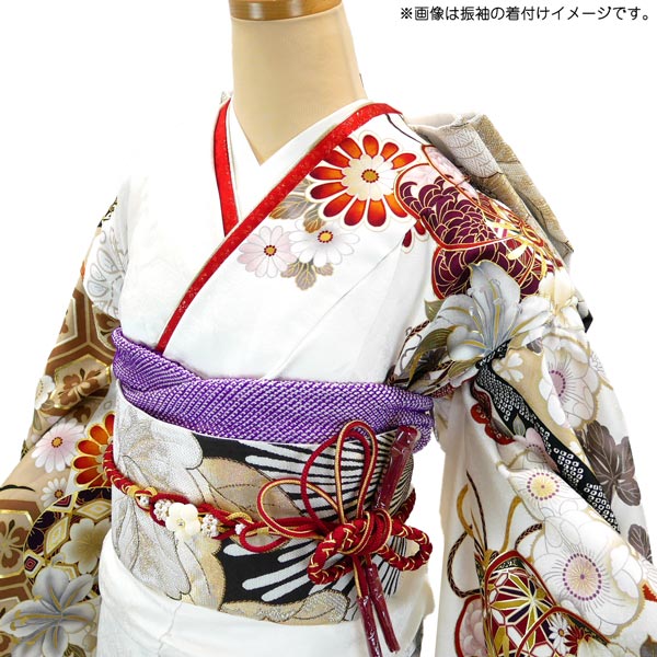 仕立て付き 正絹 振袖単品 牡丹柄 藤 菊 f-007-t 白色 刺繍 成人式