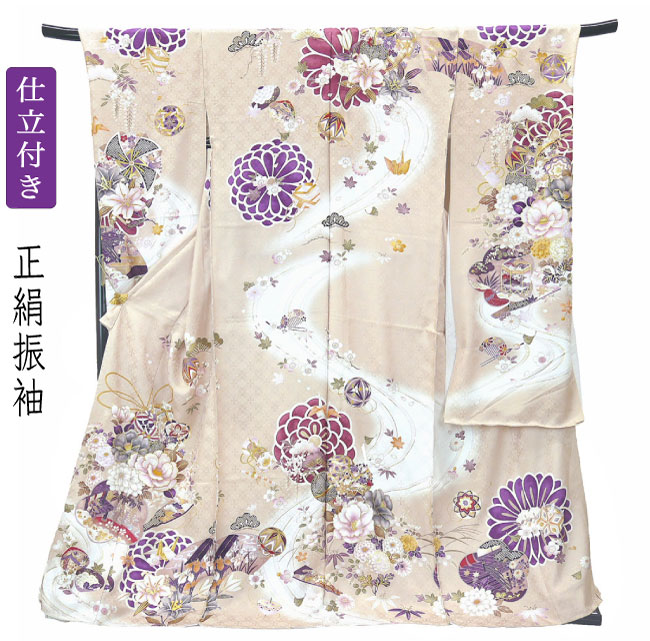 仕立て付き 正絹 振袖 単品 f-613-t ベージュ 牡丹 菊 絹100% 成人式