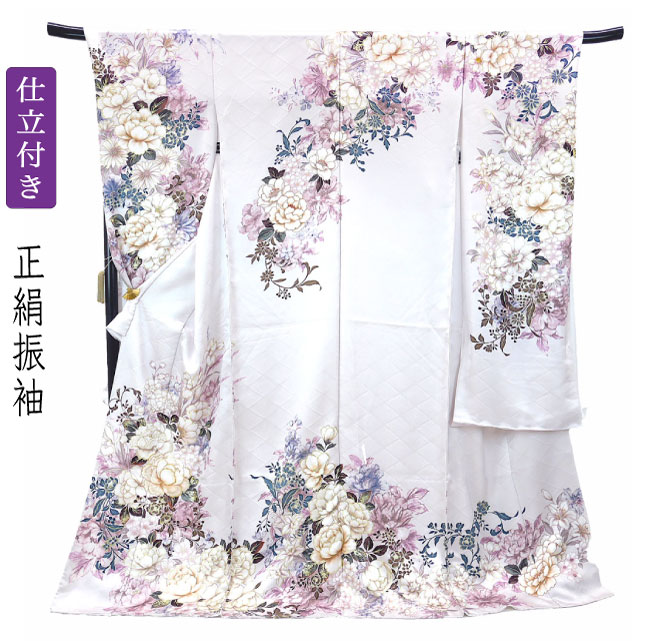正絹　振袖　単品 仕立て付き 正絹 振袖単品 f-012-t ワインレッド 菊 牡丹 刺繍入 新品