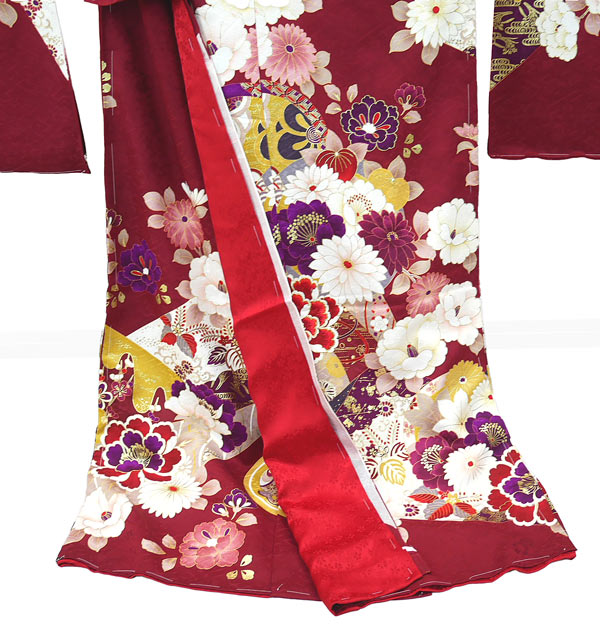 仕立て付き 正絹 振袖 フルセット32点 f-008 ワインレッド 牡丹 菊