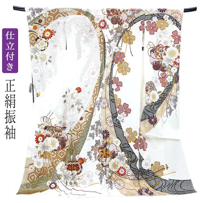 仕立て付き 正絹 振袖単品 牡丹柄 藤 菊 f-007-t 白色 刺繍 成人式