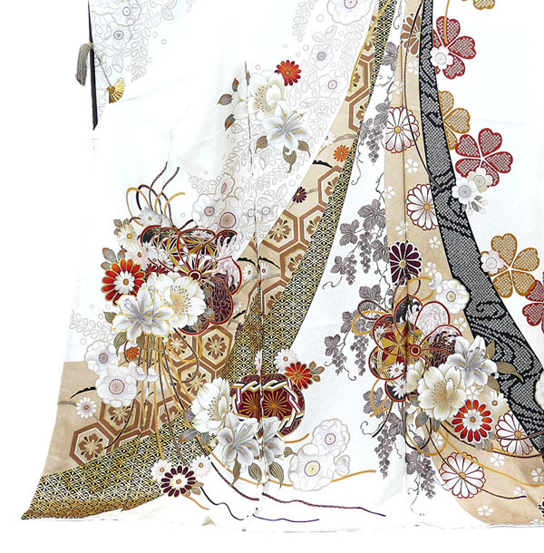仕立て付き 正絹 振袖単品 牡丹柄 藤 菊 f-007-t 白色 刺繍 成人式