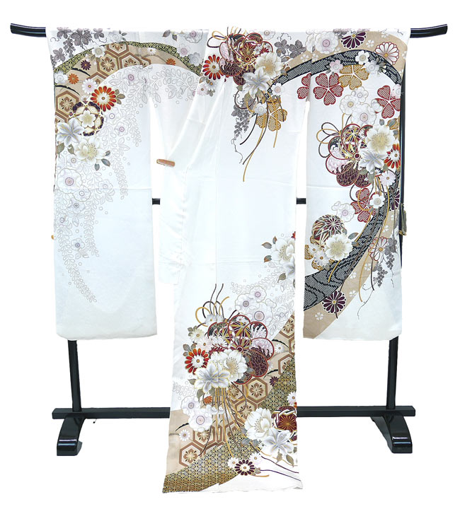仕立て付き 正絹 振袖単品 牡丹柄 藤 菊 f-007-t 白色 刺繍 成人式