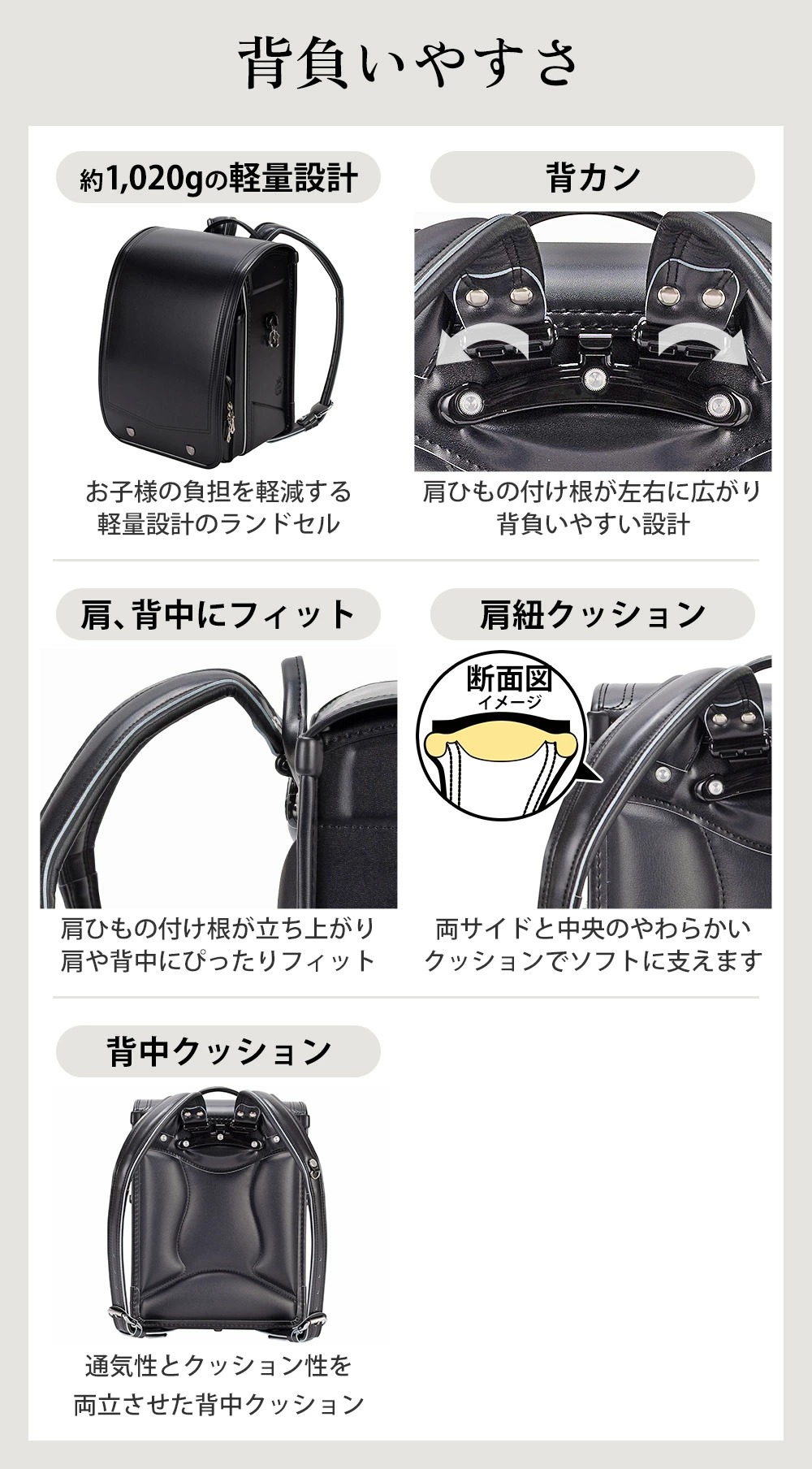背負いやすさ 約1,020gの軽量設計 背カン 肩、背中にフィット 肩紐クッション 背中クッション