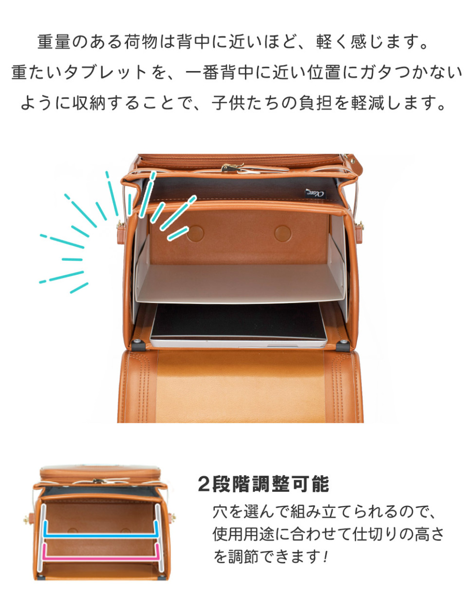 重量のある荷物は背中に近いほど、軽く感じます。重たいタブレットを、一番背中に近い位置にガタつかないように収納することで、子供たちの負担を軽減します。2段階調整可能 穴を選んで組み立てられるので、使用用途に合わせて仕切りの高さを調節できます！