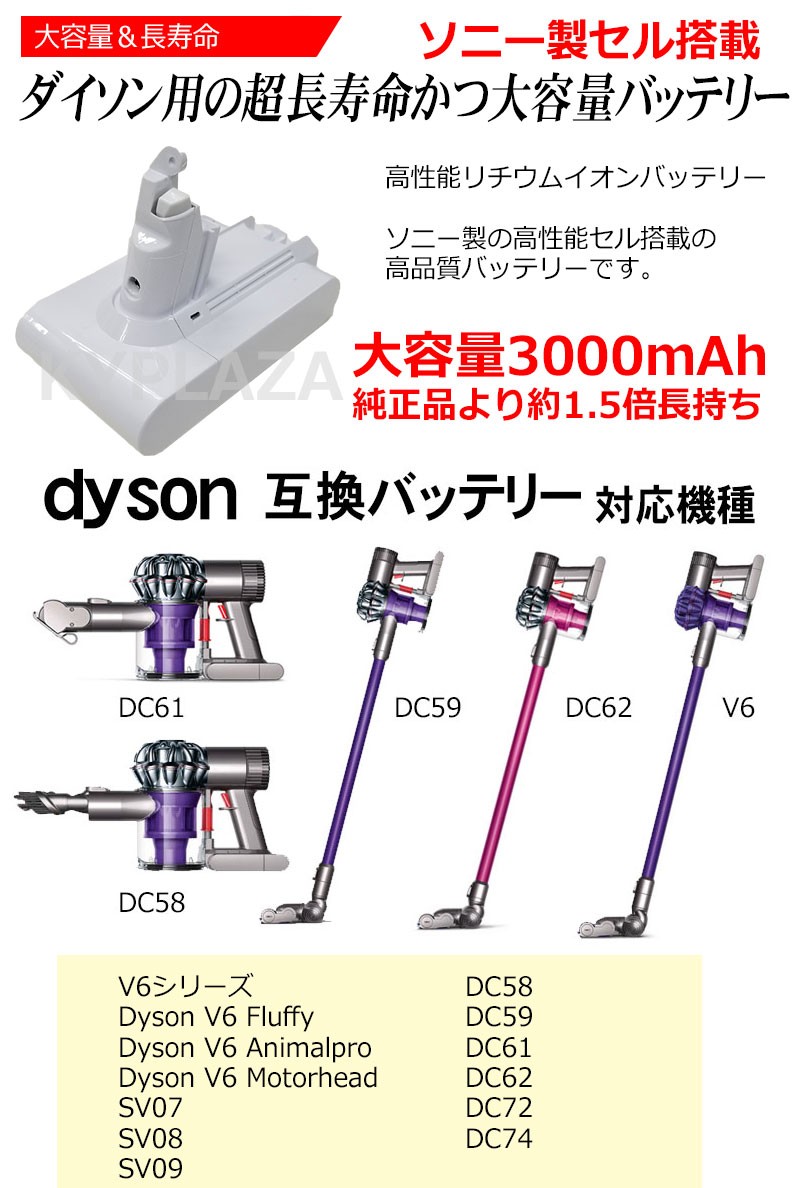 ダイソン Dyson V6 互換 バッテリー ホワイト ボディ 白 Dc58 Dc59 Dc61 Dc62 Dc74 21 6v 22 2v 大容量 3 0ah 3000mah 高品質 長寿命 Sony ソニー セル 互換品 Kyplaza Payapayモール店 通販 Paypayモール