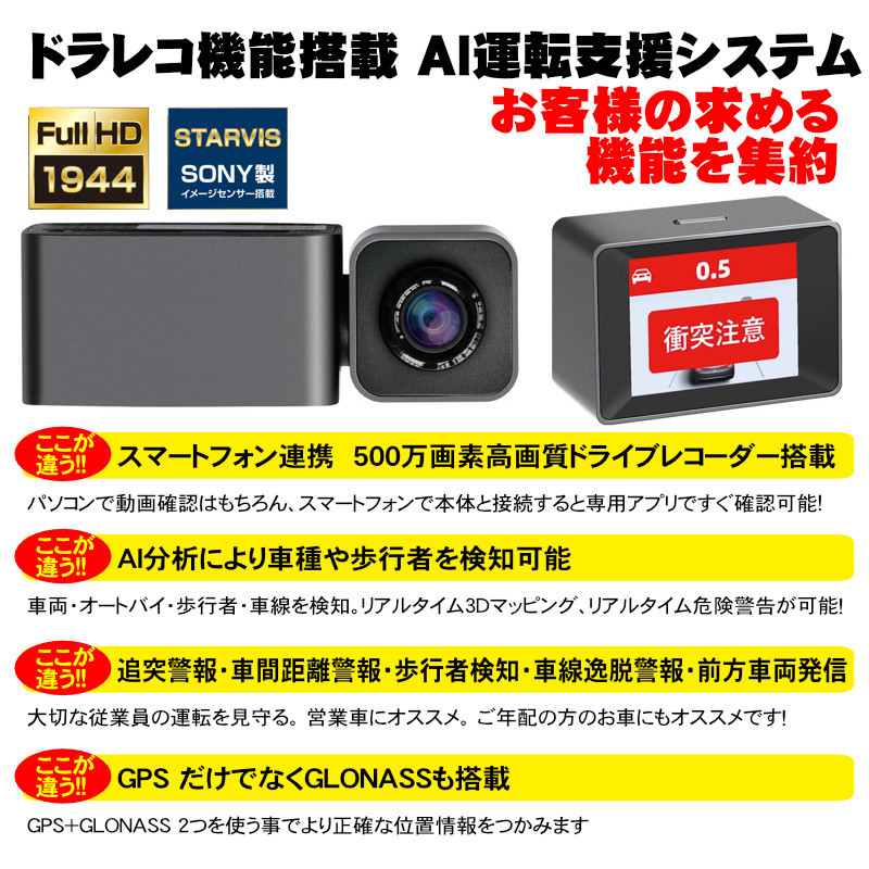 AI搭載 衝突予防システム MINIEYE ドライブレコーダー SONY製 