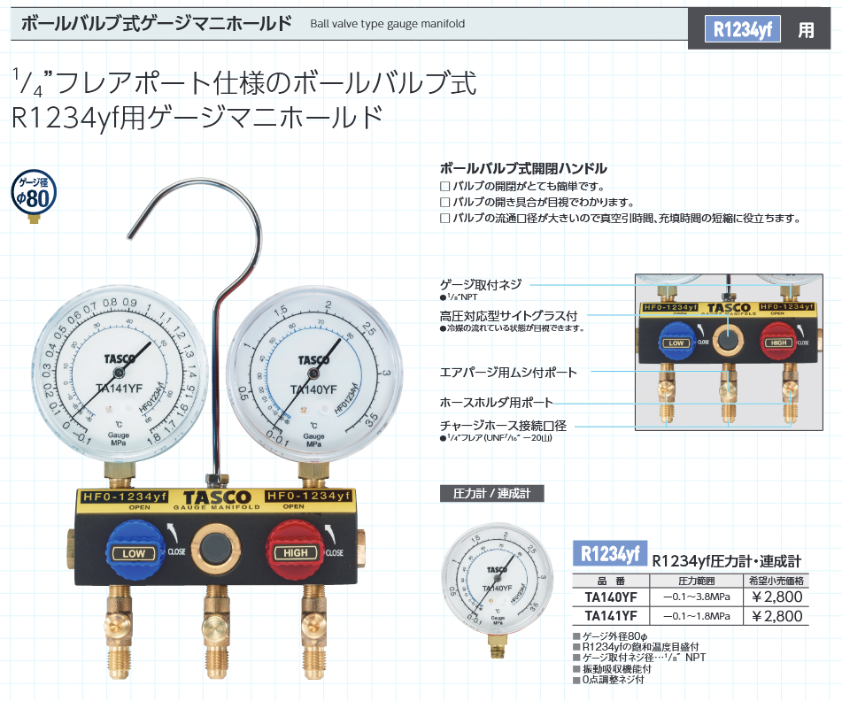イチネンTASCO タスコ TASCO R1234yf用 ボールバルブ式ゲージ