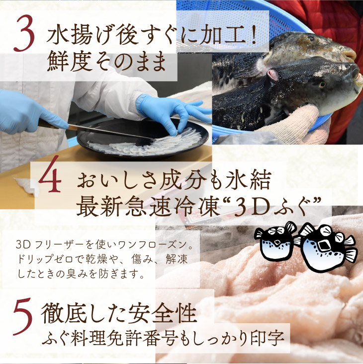 「九州産とらふぐフルコース重 4〜5人前」トラフグ ふぐセット てっさ ふぐ刺し てっちり ちり鍋 ふぐちり ふぐ皮 ひれ酒 風呂敷 贈答 お歳暮 正月｜kyushu-sanchoku｜09