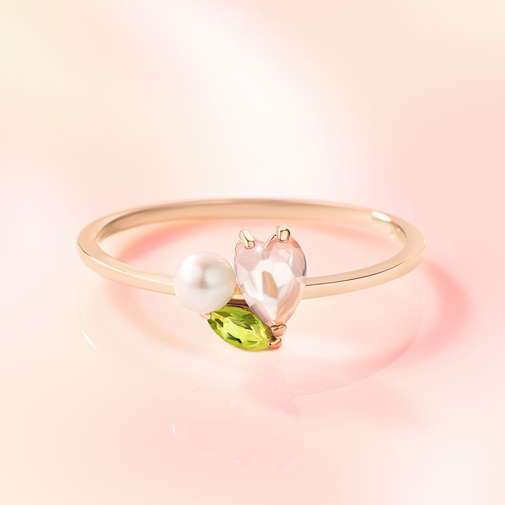 リング レディース 桜 さくら SAKURA K10PG 10金 ピンクゴールド 春 ローズクォーツ 淡水パール ペリドット  花 フラワー モチーフ L&Co.の画像