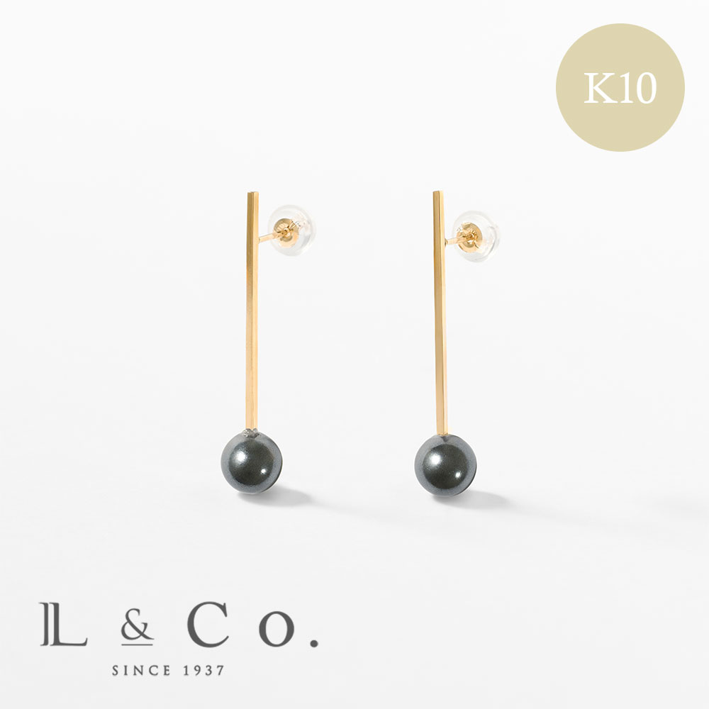 ピアス K10 イエローゴールド カラーシェルパール 真珠 6mm 黒色 ブラック 大人 シンプル スタイリッシュ 推し L&Co.（エルアンドコー）
