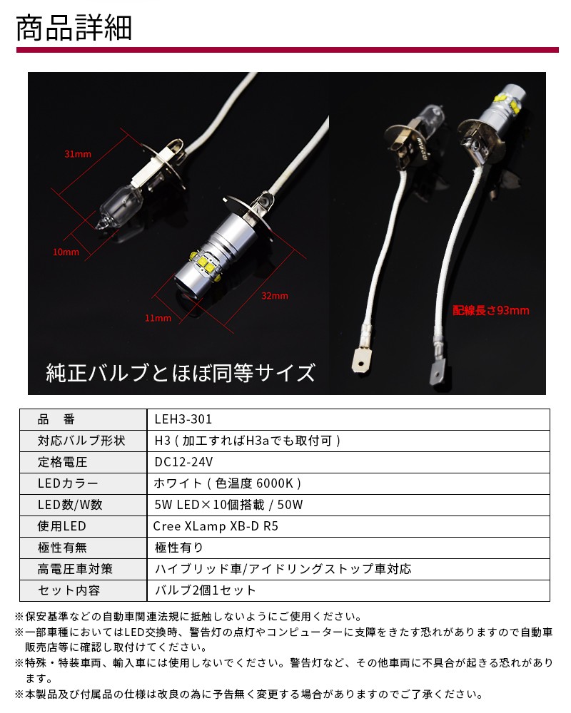 メール便無料】 H3 LED フォグバルブ CREE製 50W 6000K ホワイト ハイ