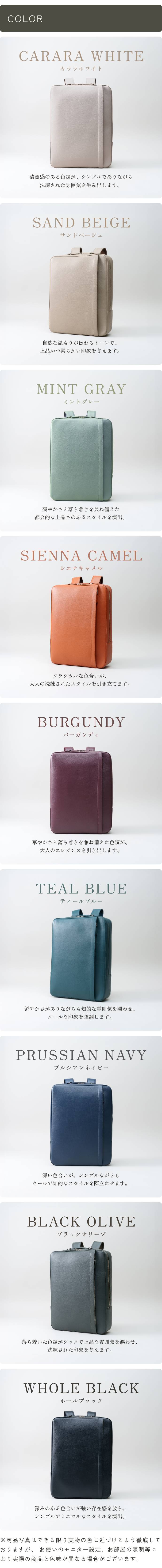 本革ビジネスバックパックのカラーバリエーション