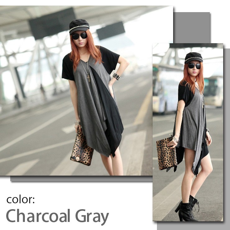 大きいサイズ レディース チュニックワンピース トップス 半袖 重ね着風 アシンメトリー 3l Ll 4l バイカラー 韓国ファッション 春夏 適当な価格 5l