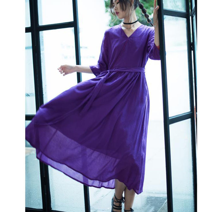 ワンピース 大きいサイズ リネン ワンピース 無地 七分袖丈 マキシ丈 長袖ロング マキシ丈 ゆったり 長袖ロング マキシ丈 レディース インターネット リネン